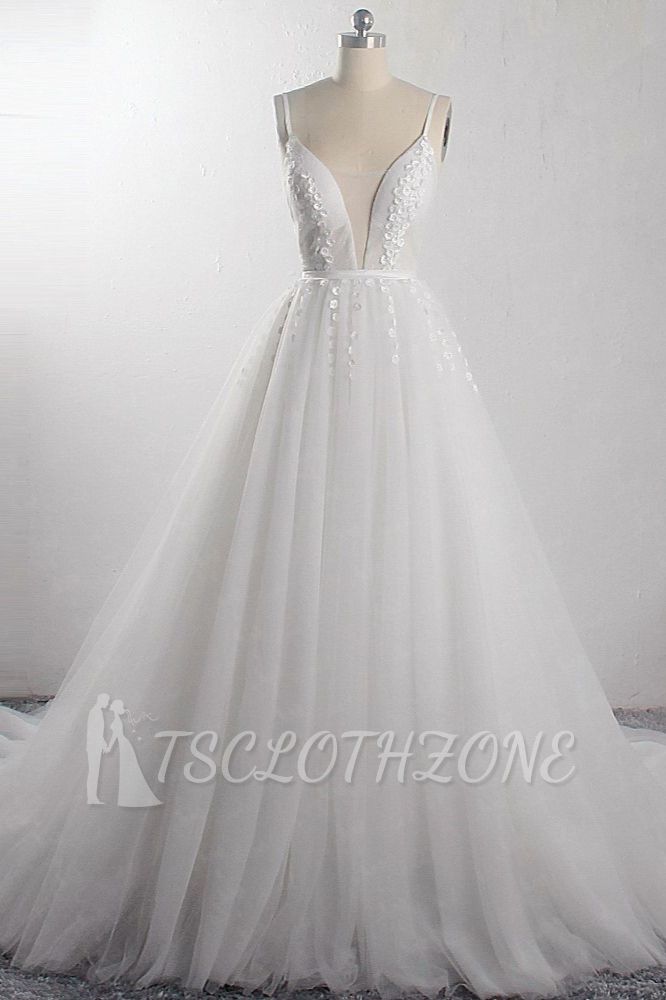 TsClothzone Sexy A-Line Spaghetti Straps Tulle Wedding Dress Deep-V-Neck Appliques Sleeveless Bridal Gowns Online