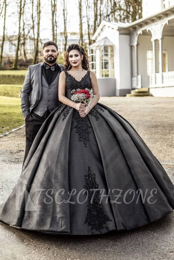 Sleeveless A-line Satin Ball Gown Black Lace Appliques