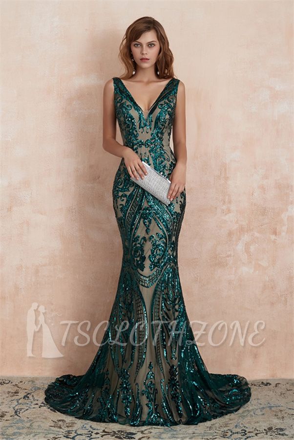 Green Evening Dress Long V Neck | Prom dress with glitter