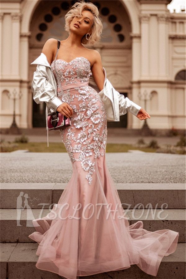 Pink Sweetheart Mermaid Evening Dresses 2022 | Sexy Mermaid Lace Open Back Prom Dress
