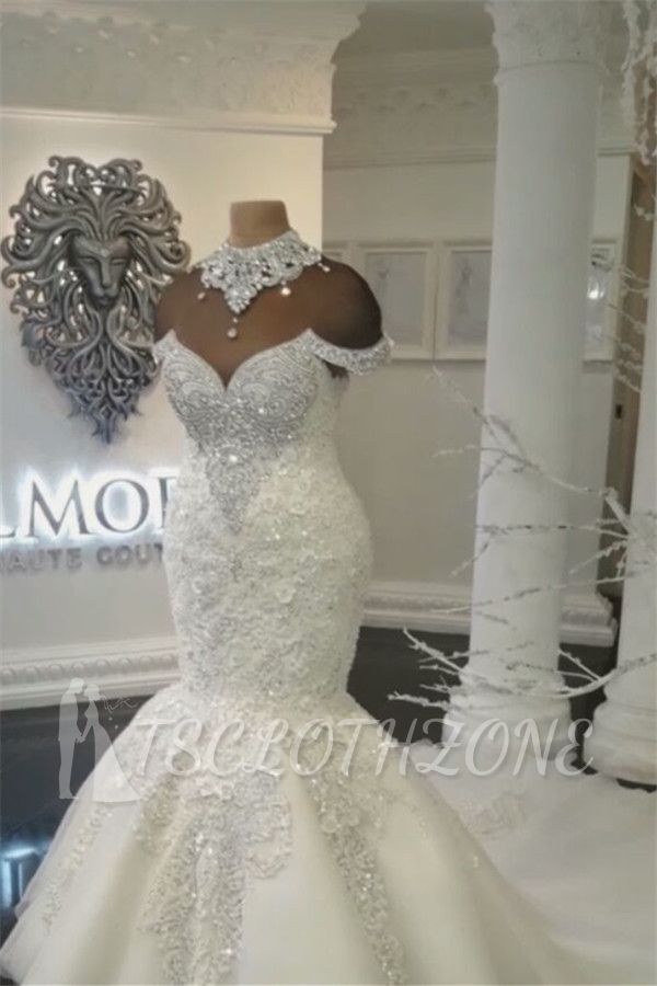 Sexy Mermaid Short Sleeves Bridal Gowns 2022 | Elegant Crystal High Neck Wedding Dresses