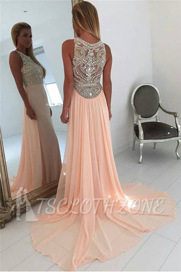 Coral Pink Chiffon Crystals Prom Dresses 2022 Sleeveless Beading Popular Long Evening Gown