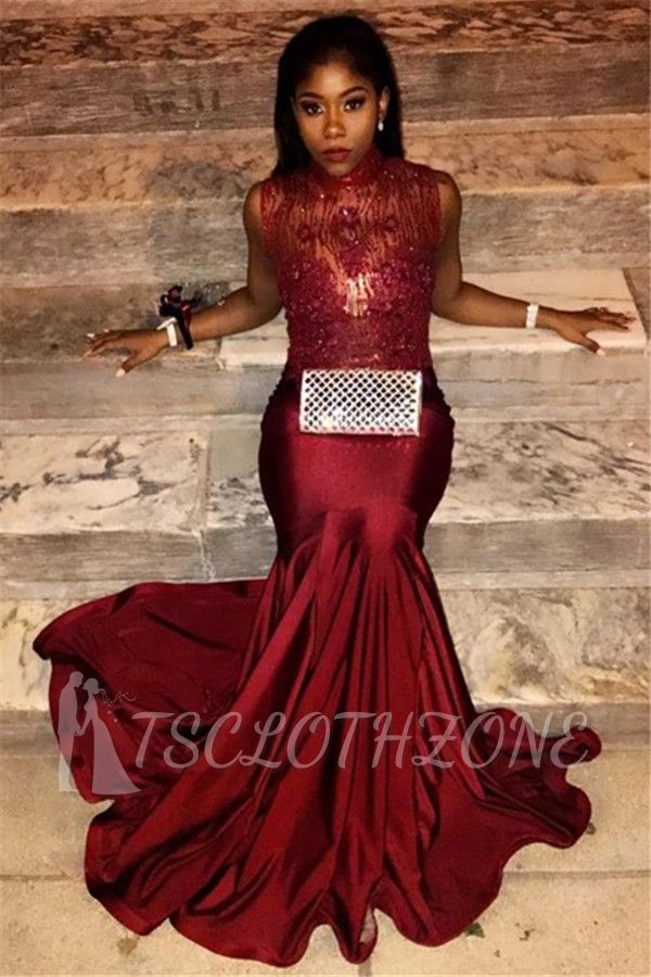 Mermaid Burgundy Lace Appliques Prom Dresses | High Neck Sexy Sleeveless Evening Gown Online