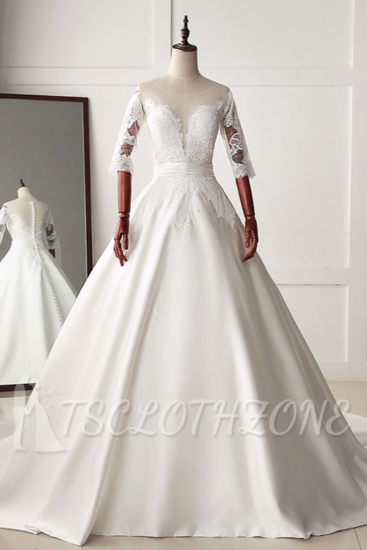 TsClothzone Atemberaubendes Juwel Satin Tüll Weißes Hochzeitskleid Halbe Ärmel Applikationen Brautkleider Online