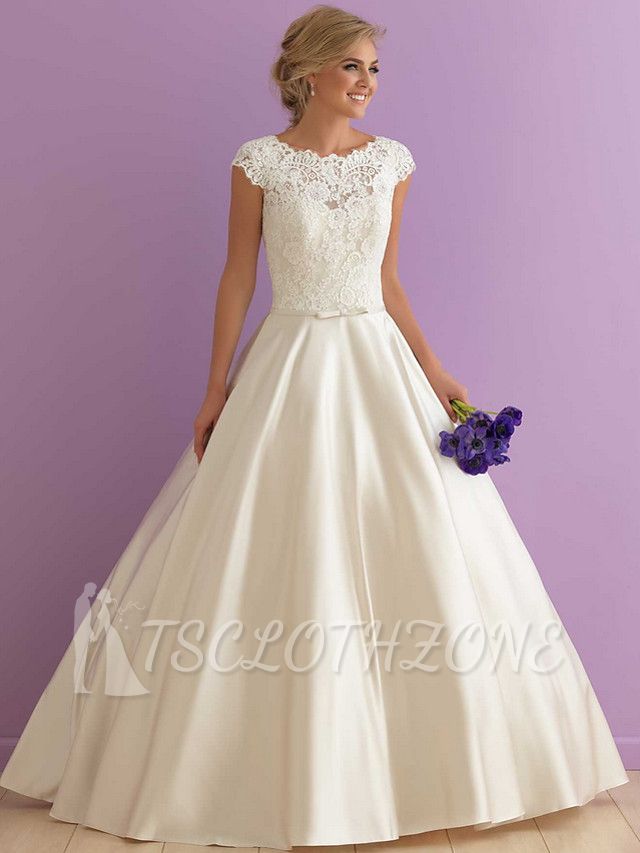 A-Line Wedding Dress Jewel Floor Length Satin Cap Sleeve Bridal Gowns Country Casual Illusion Detail