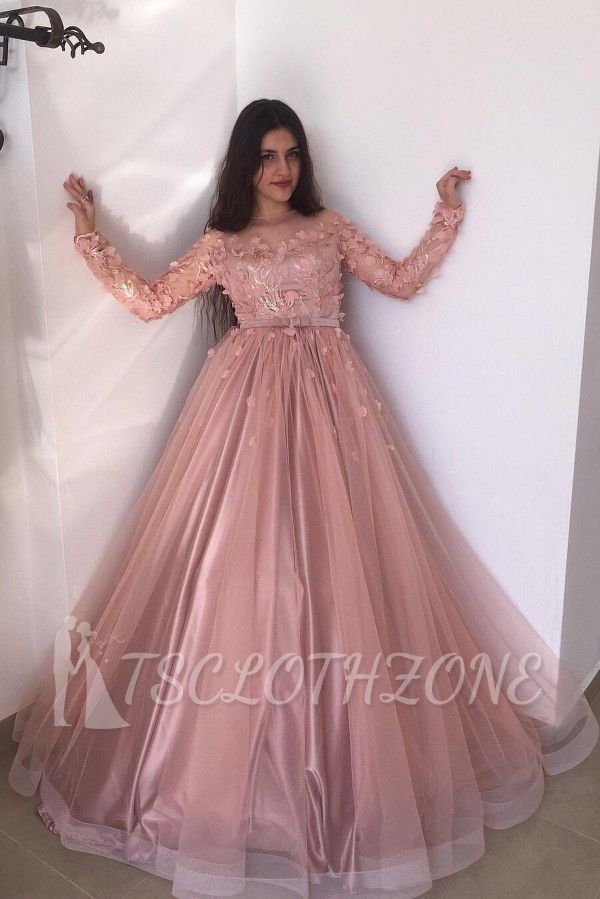 Long sleeves Floral Blow Dusty Pink Ball Gown Tulle Prom Dresses