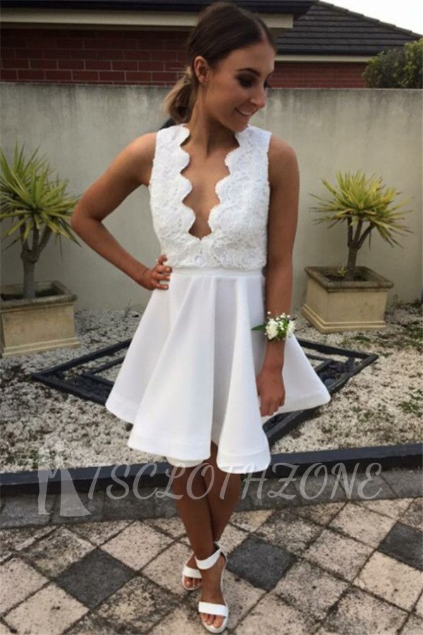 Open Back V Neck White Homecoming Dress 2022 Cheap Lace Mini Prom Party Dress
