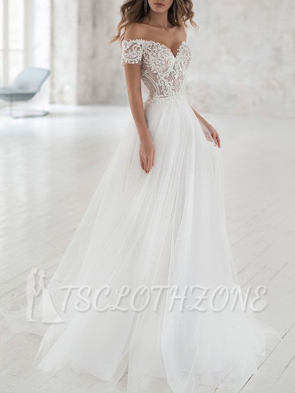 Off The Shoulder Sweetheart Tulle Lace White Wedding Dresses