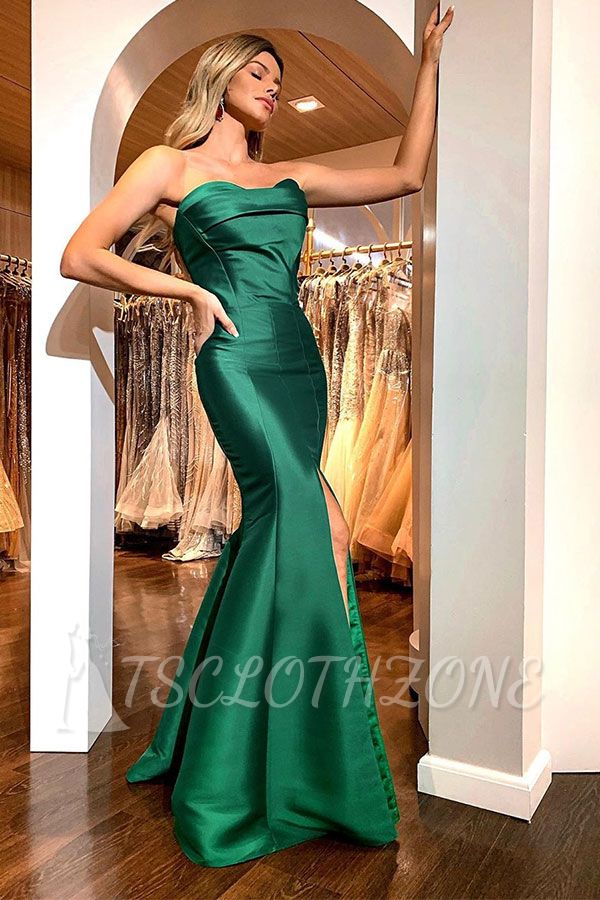 Elegant Emerald Green Sweetheart Mermaid Simple Prom Dresses Online with High Split