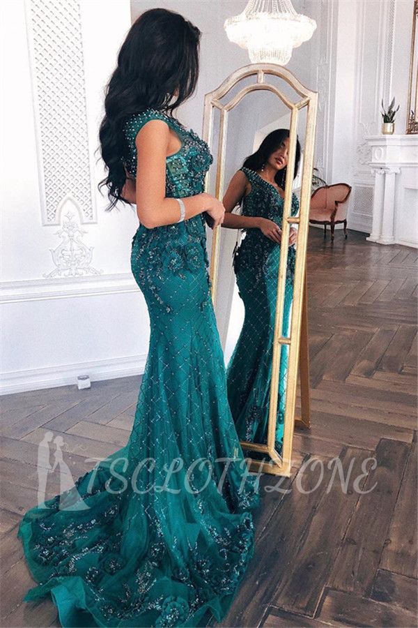 Elegant Green Lace Appliques Prom Dreses | Long V-Neck Sleeveless Mermaid Evening Dresses