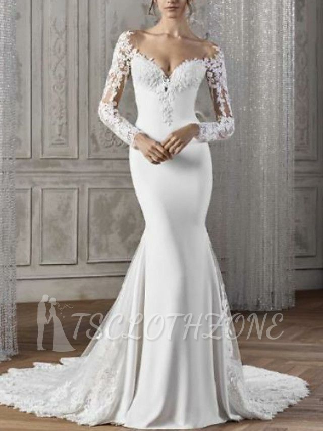 Sexy Mermaid Wedding Dress V-neck Lace Satin Long Sleeves Backless Bridal Gowns with Court Train