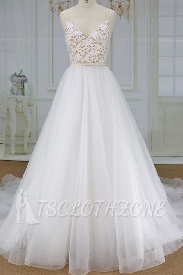 Chic Spaghetti Straps V-neck A-line Wedding Dress | White Tulle Bridal Gowns