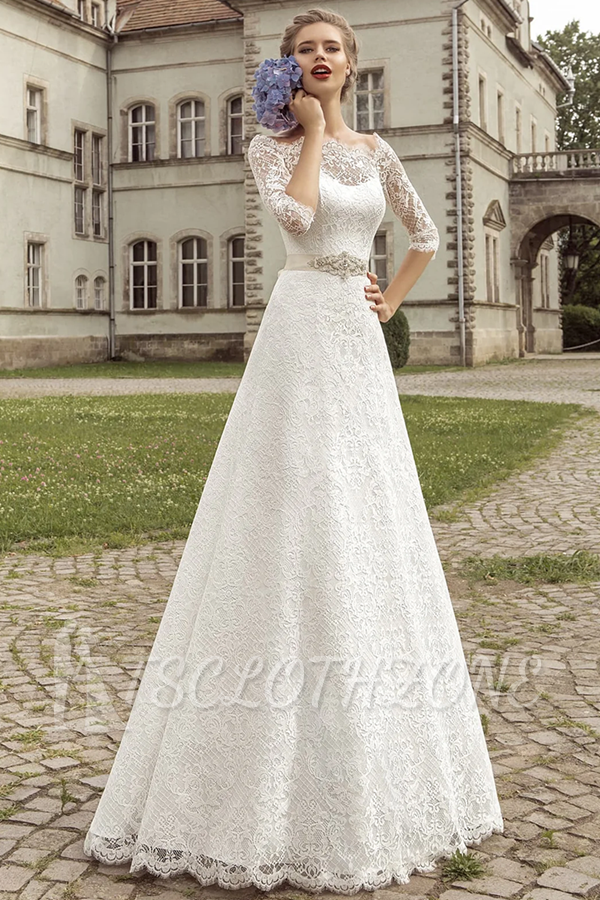 Royal Full Lace Bridal Gowns 2022 Half Sleeve A-line Wedding Dress with Crystal Sash VK036