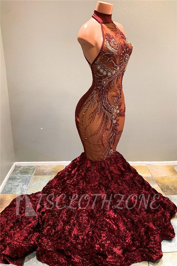 Halter Fit and Flare Flowers Maroon Prom Dresses | Full Beads Sequins Luxury Evening Dress