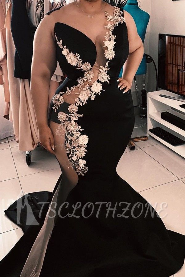 Sleeveless Jewel Sheer Appliques Sexy Mermaid Prom Dresses | Luxury Fashion Black Evening Gowns With Chapel Train