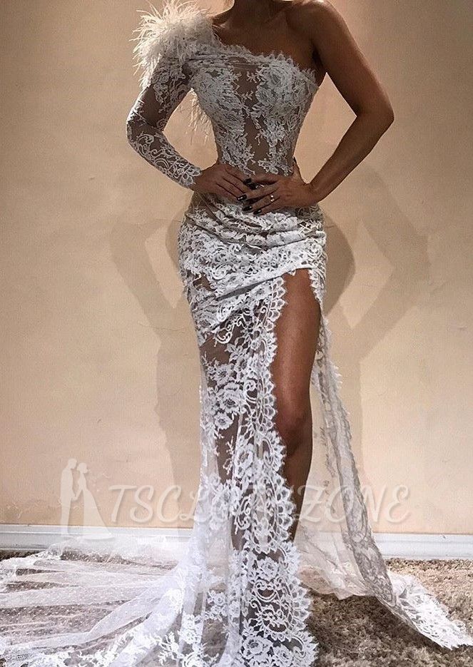 Gorgeous One Shoulder White Lace Prom Dress Mermaid Long Evening Gowns With Slit