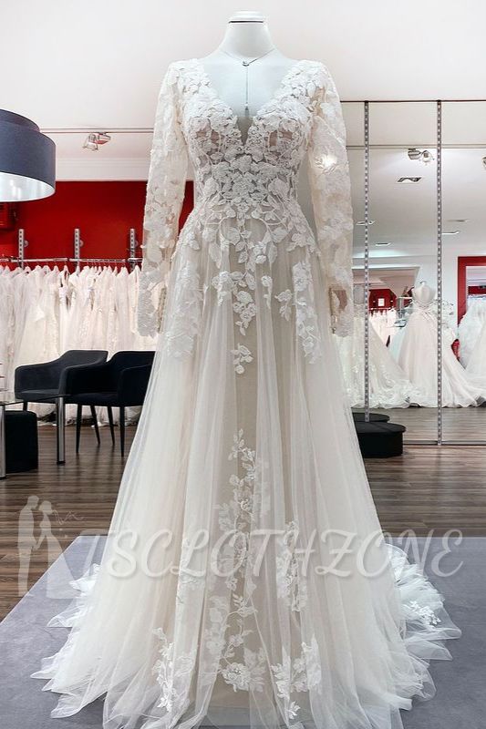 Fashion Long Sleeve Wedding Dress Soft Floral Lace Bridal Dress Floor Length