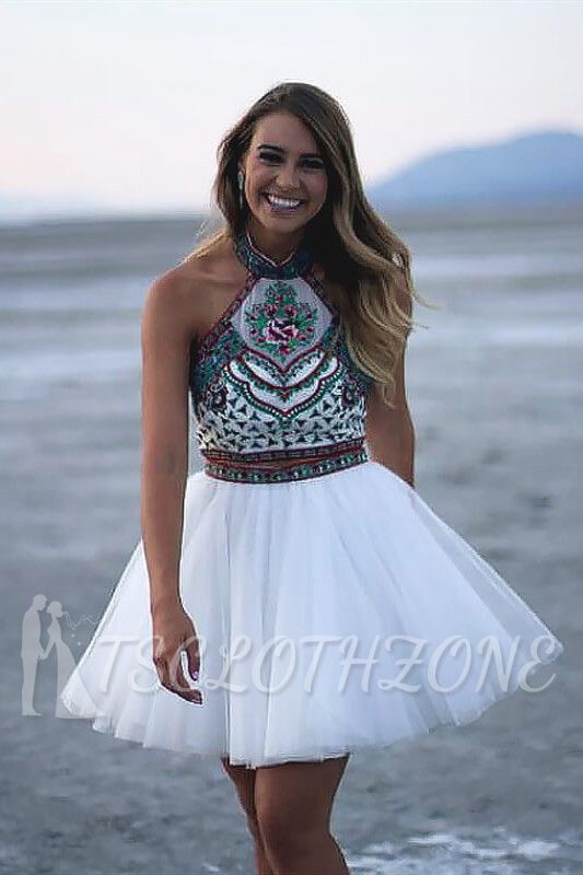 Chic Two Pieces Halter Homecoming Dress | Stylish Appliques Beading Short Cocktail Dress