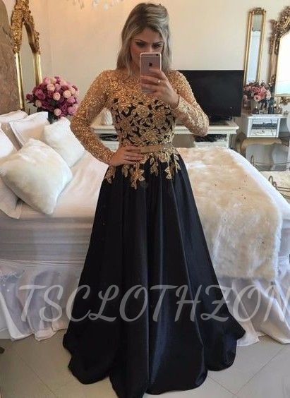 Black Long-Sleeves Gold Lace Puffy Pearls A-line Appliques Prom Dresses