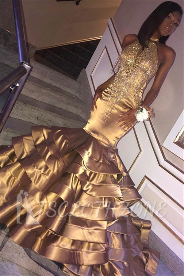 Glamorous Gold Mermaid High Neck Sleeveless Ruffles Crystal Prom Dresses