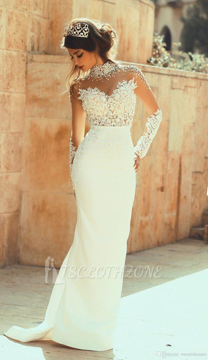 High Collar Beadings Long Sleeve White Bridal Gowns Crystal Lace Floor Length Wedding Dresses