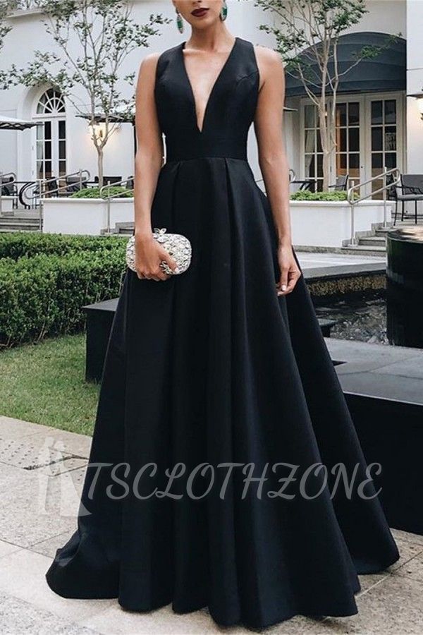 Schwarze Abendkleider mit langem V-Ausschnitt | Einfache Abendkleider günstig