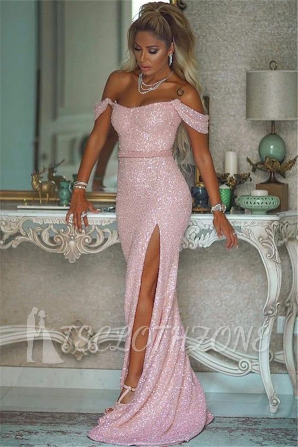 Shiny Sequins Pink Prom Dresses mit Schlitz | Weg von der Schulter Sexy Abendkleider Billig