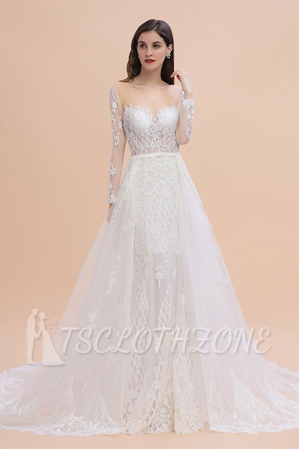 Luxury Beaded Lace Mermaid Wedding Dresses Tulle Appliques Bride Dresses with Detachable Train