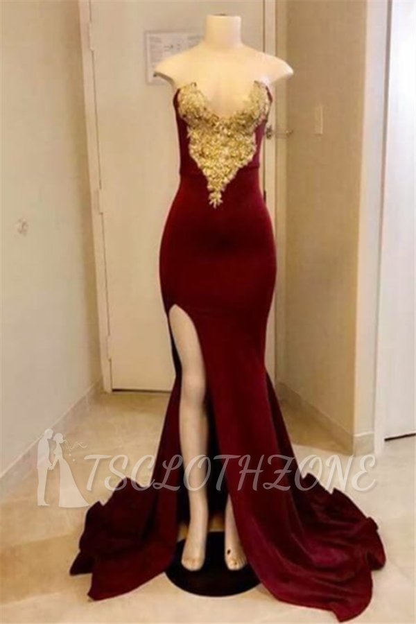 Sexy schatz meerjungfrau prom dreses mit high split | Velvet Gold Appliques Side Slit Abendkleider