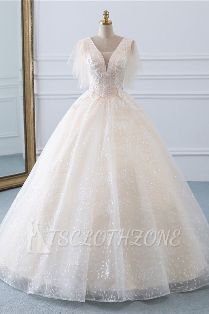 TsClothzone Gorgeous Ball Gown V-Neck Tulle Beadings Wedding Dress Rhinestones Appliques Bridal Gowns with Short Sleeves On Sale