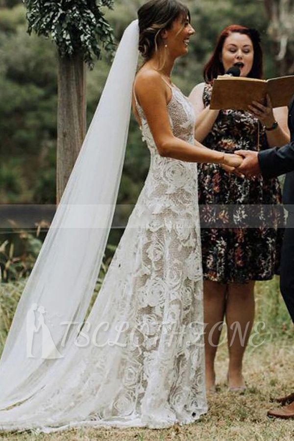 Spaghetti Straps White Floral Lace Simple Wedding Dress