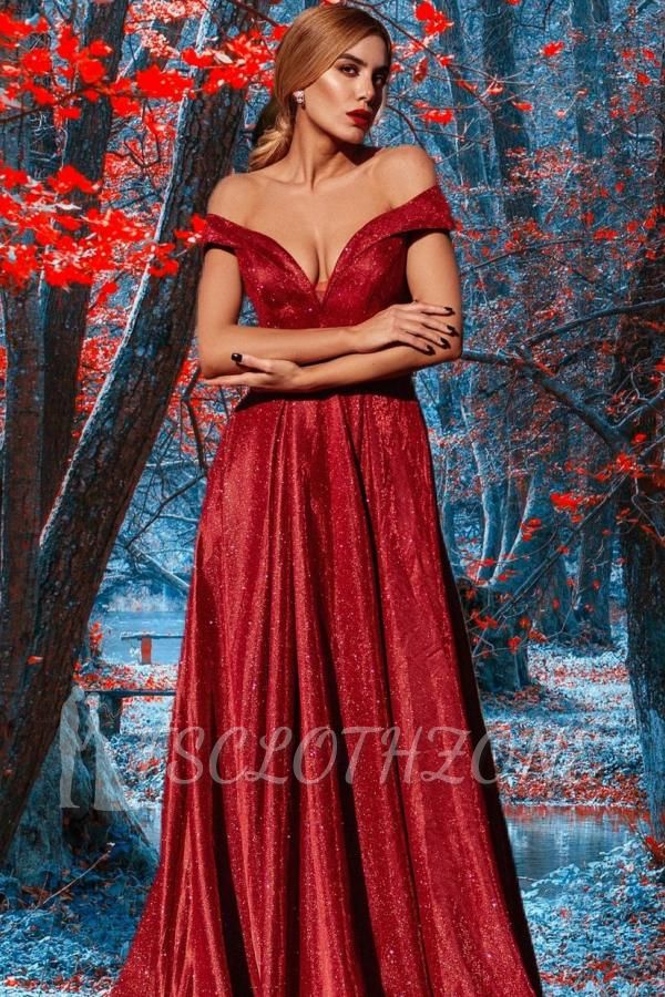 Rotes Pailletten-V-Ausschnitt, langes, schulterfreies Abendkleid | Günstige Ballkleider