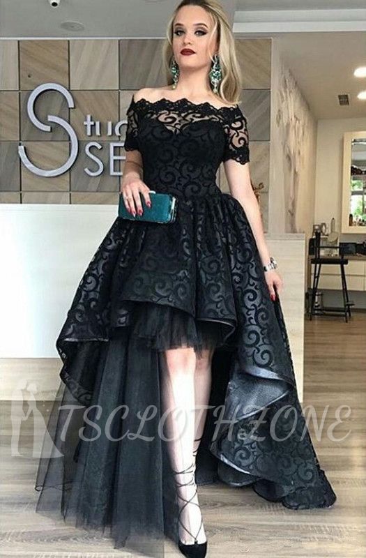 Black Lace Off-the-Shoulder Evening Dress 2022 Short Sleeves Hi-Lo Prom Dress