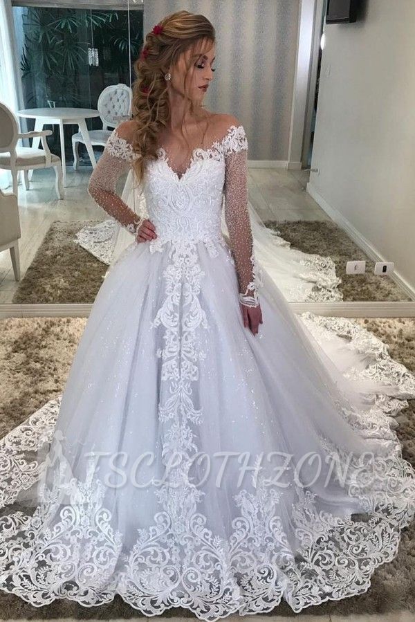 Elegant Long Sleeves Off Shoulder V-Neck White/Ivory Wedding Dress with Floral Appliques