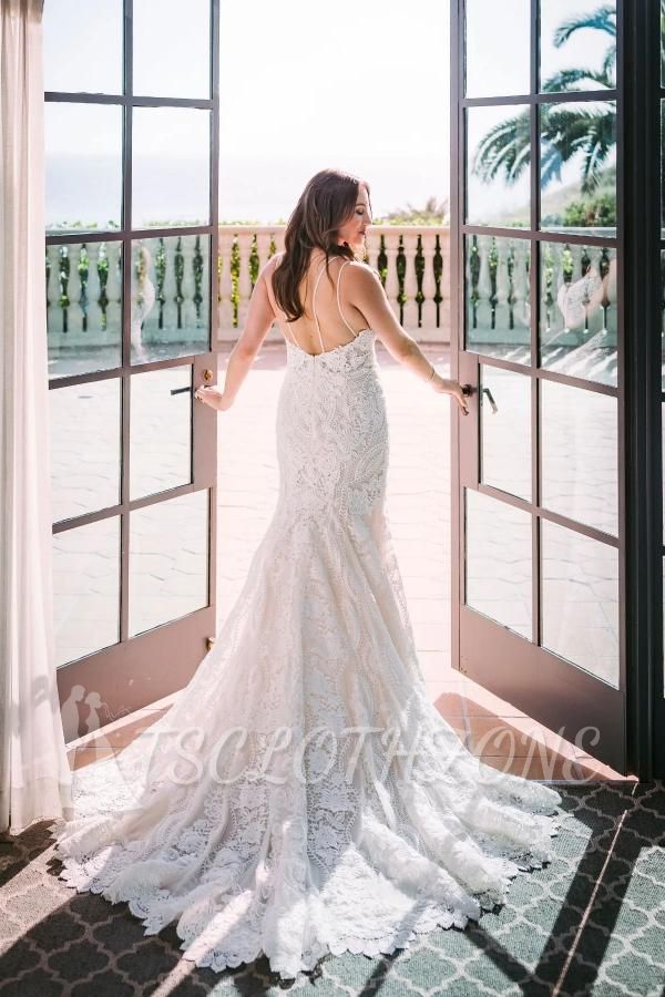 Low back white column white lace wedding dress with court train