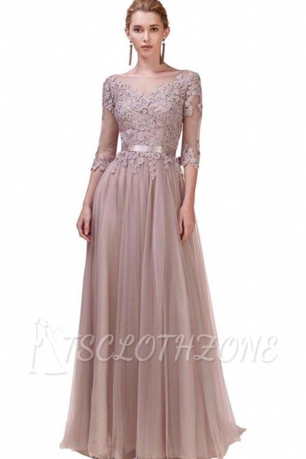 Chic Long Half Sleeves Lace Tulle Evening Swing Dres with Belt