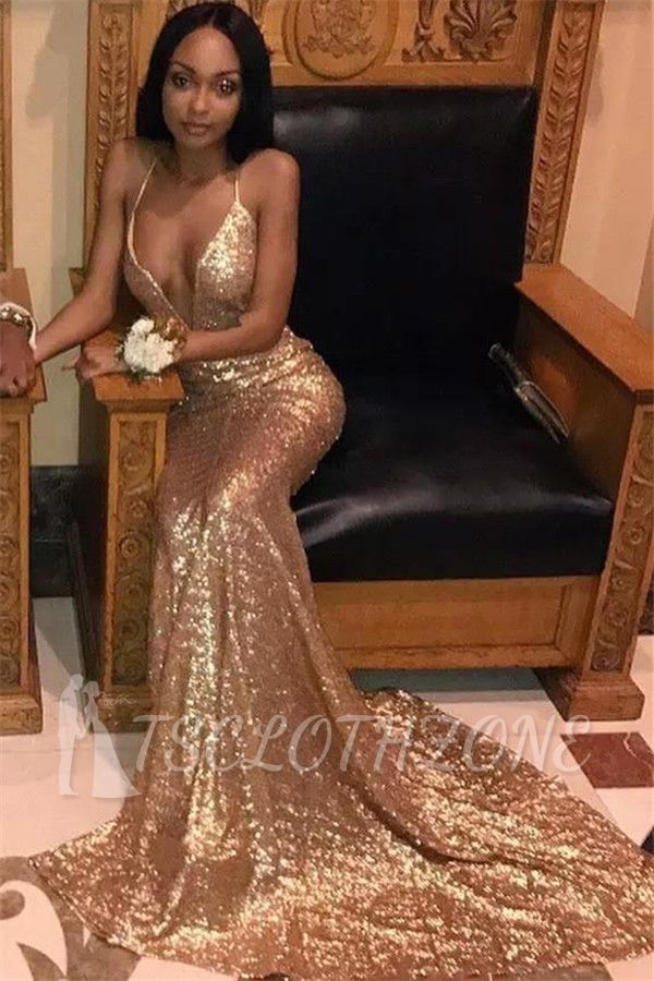Sexy V-neck Gold Sequin Prom Dress 2022 | Spaghetti Straps Long Train Sparkling Evening Dress