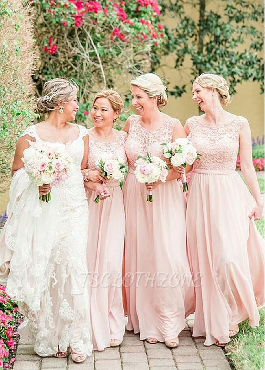 Shop Cheap Tulle  Chiffon Jewel Pink Floor-length A-line Bridesmaid Dress