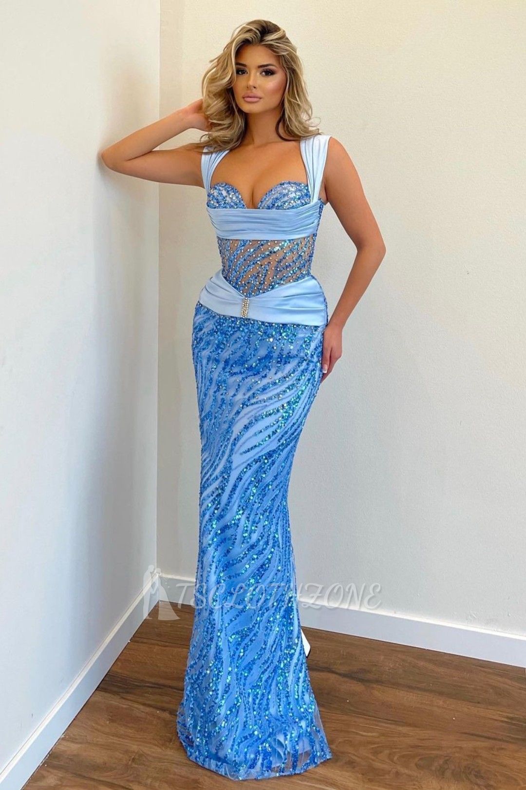 Blue See through Tulle Mermaid Long Prom Dresses