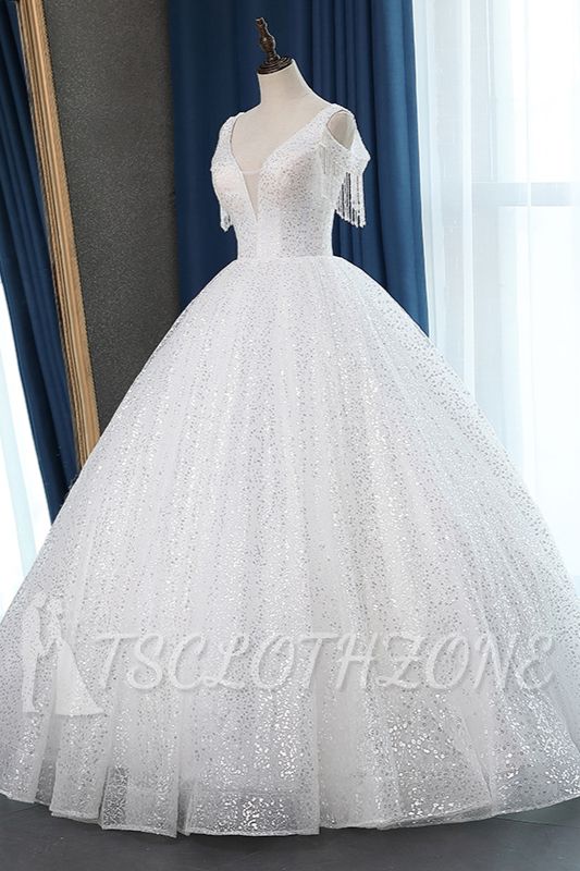 TsClothzone Sparkly Sequins White Tulle Ball Gown Wedding Dress Cold-Shoulder V-Neck Bridal Gowns with Tassels On Sale