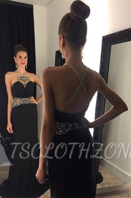 Crystal Black Halter 2022 Prom Dress Beading Crossed Back Sleeveless Party Gown
