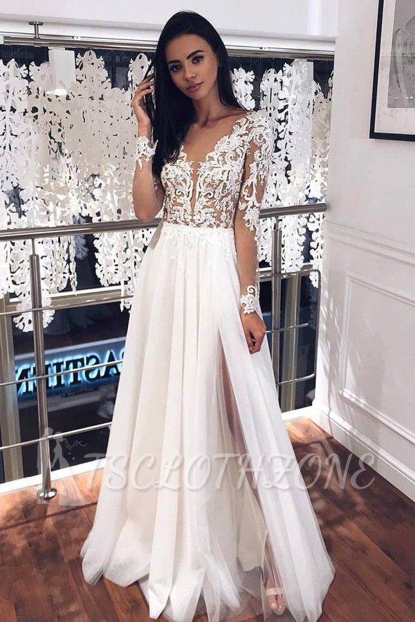 V-neck Appliques Long Sleeve A-line Wedding Dresses | Side Split Pleated Tulle Bridal Gowns