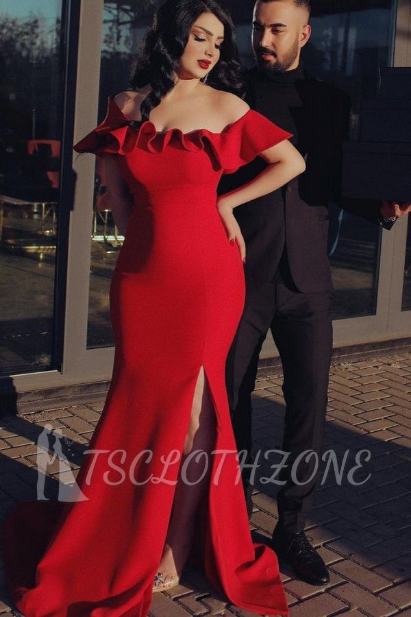 Sexy Off Shoulder Red Mermaid Prom Dress with Side Split