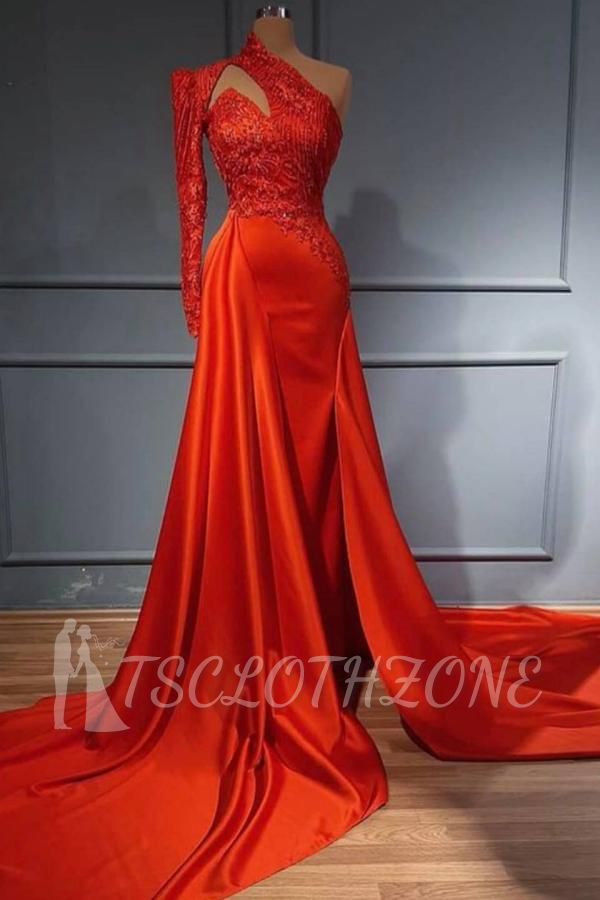 Elegant Red Sleeve Long Evening Dress | One Shoulder Prom Dress