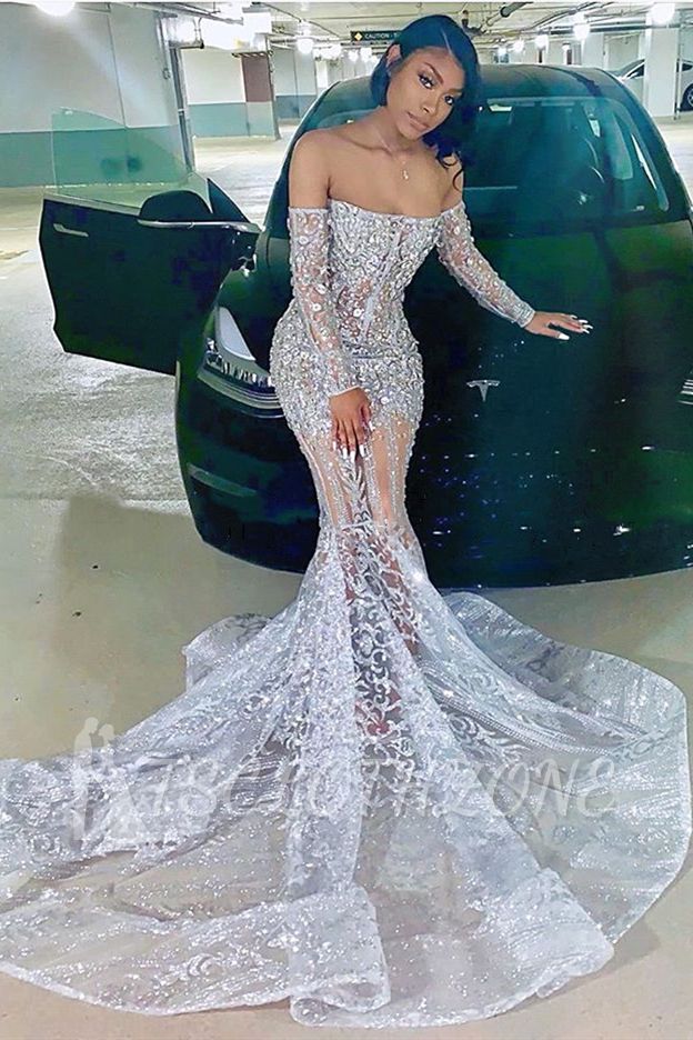 Langarm weg von der Schulter Silber Ballkleider | Meerjungfrau Sexy Illusion Perlen Kristalle Abendkleider Billig
