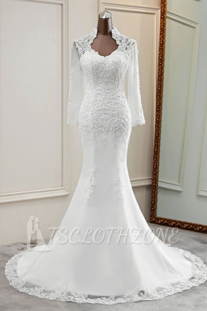 TsClothzone Elegant Long Sleeves Lace Mermaid Wedding Dresses Appliques White Bridal Gowns with Beadings