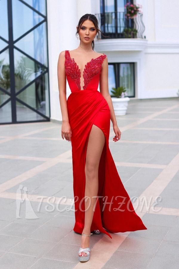 Rotes Abendkleid mit langem V-Ausschnitt | Ballkleider mit Glitzer