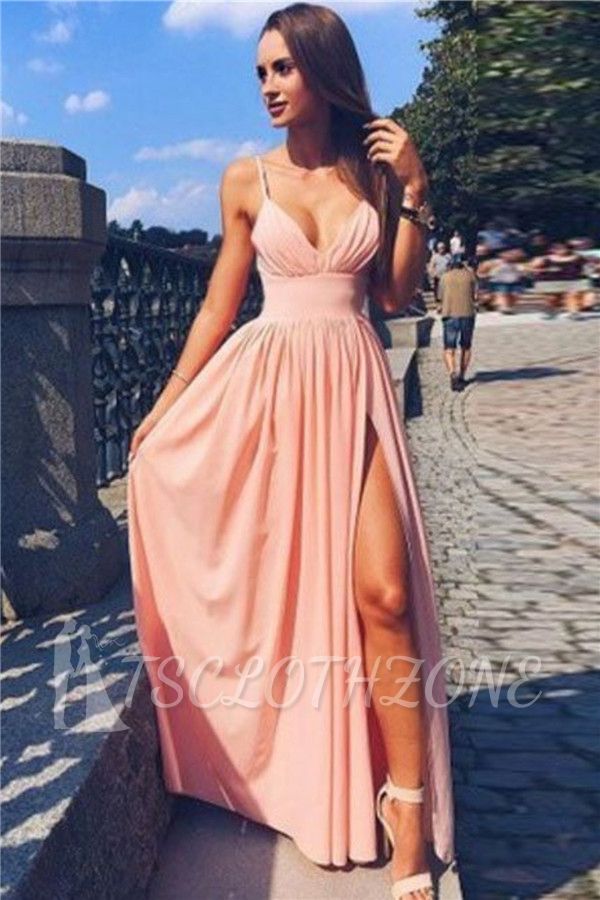 Sexy Pink Evening Dress | Side Slit Deep V-Neck Spaghetti Straps Formal Dresses