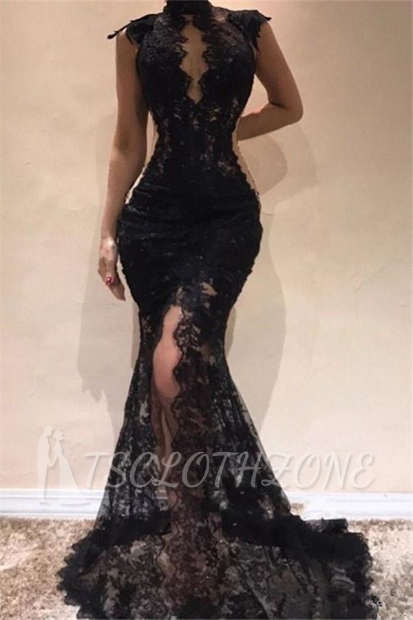 Sleeveless Front Split Evening Dresses | Black High Neck Lace Sexy Prom Dresses