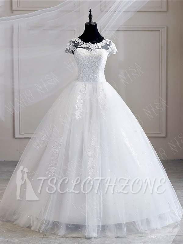 Short Sleeves Sweetheart Tulle White Lace Appliques Ball Gown Wedding Dresses